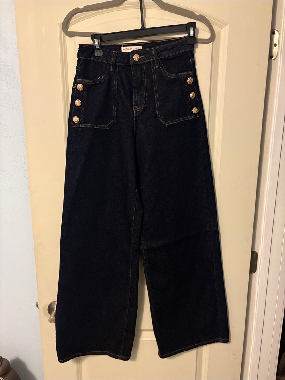 High-Rise Dark Blue Wide-Leg Jeans with Gold Button Details